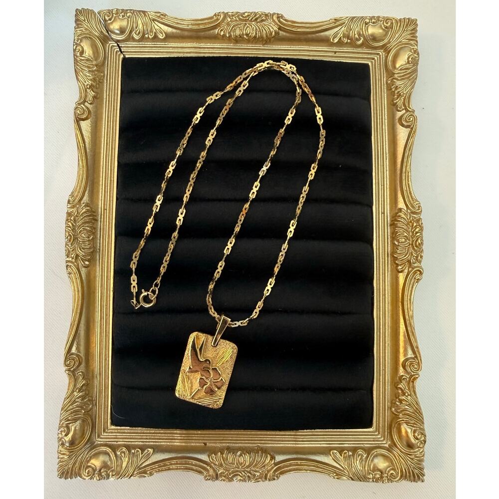 Vintage Hummingbird Hibiscus Pendant Necklace PLO Gold Tone Floral Bird Jewelry